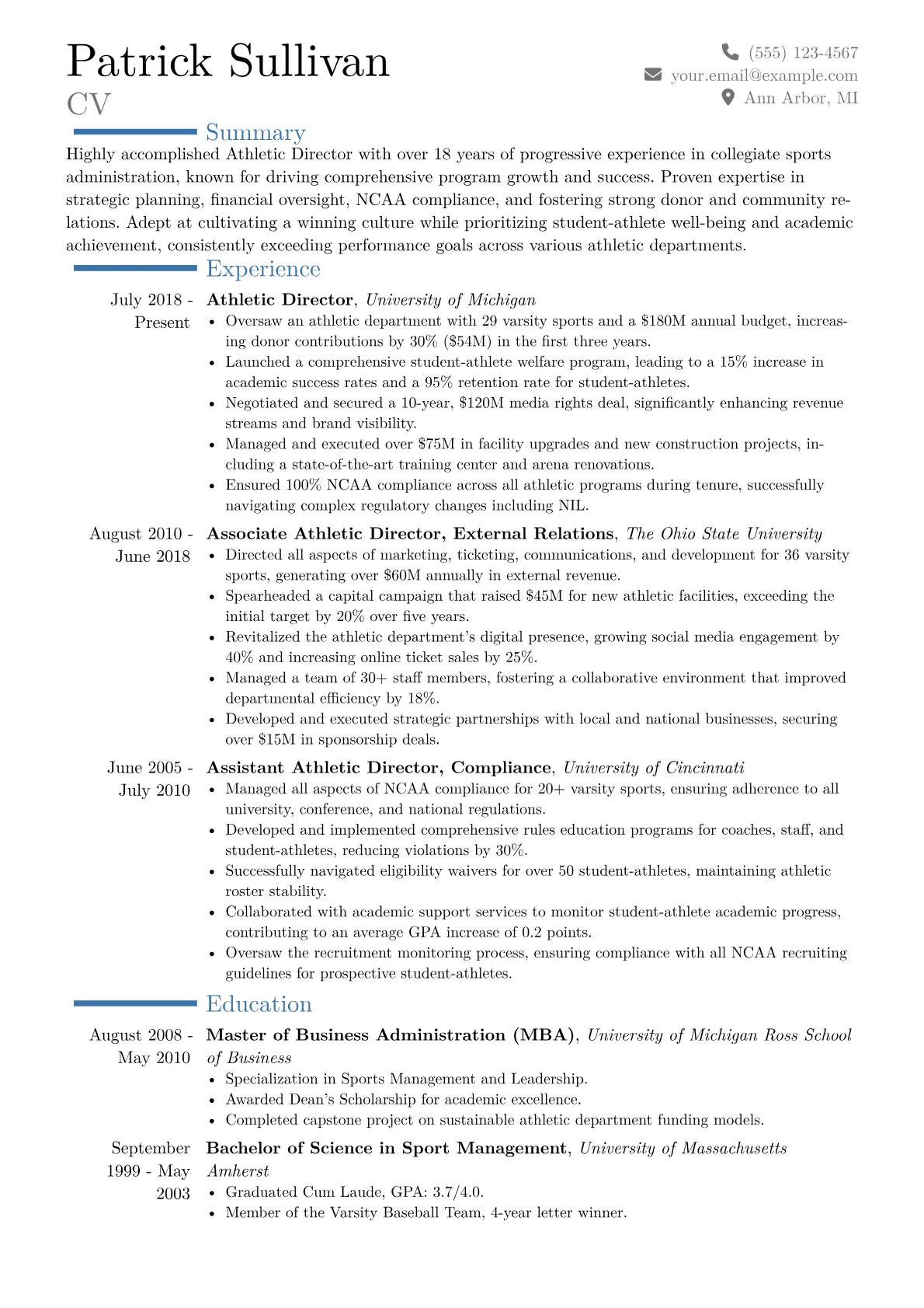 Athletic Director University Resume Example CV template - Page 1