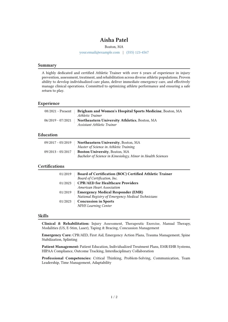 Athletic Trainer Resume Example