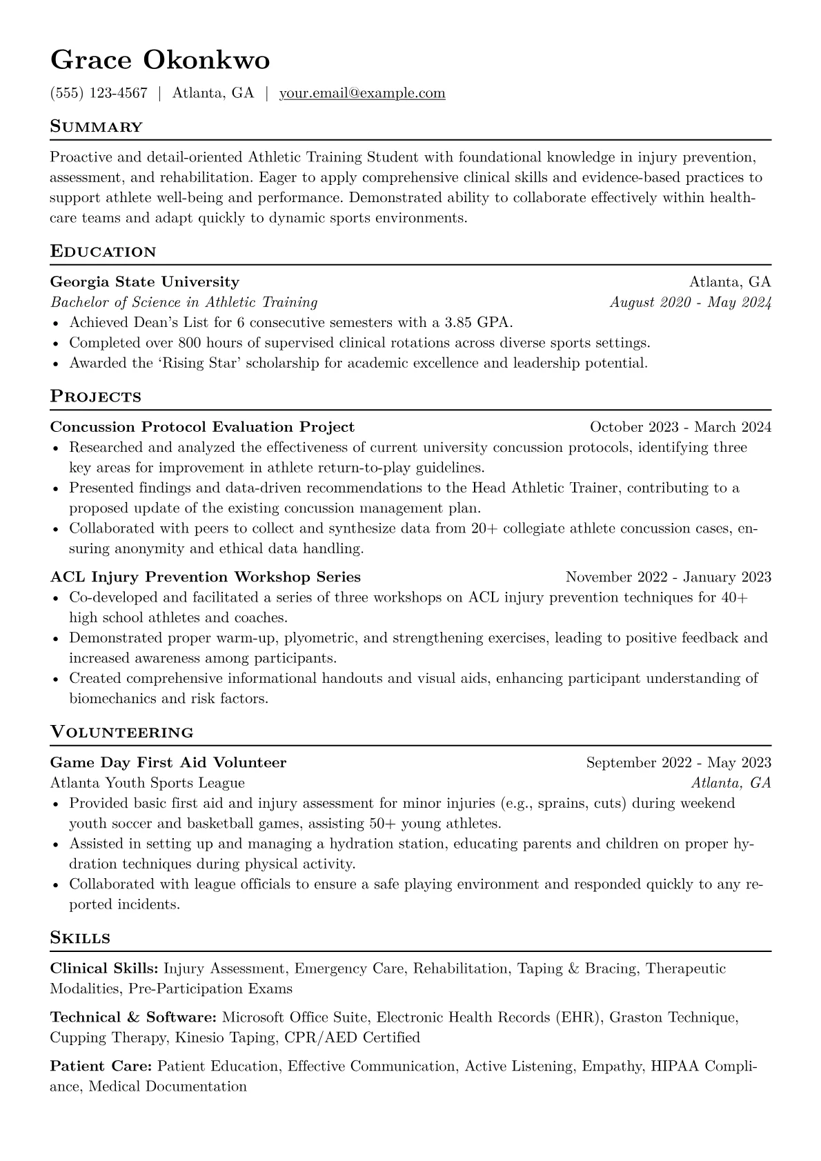 Athletic Training Student Resume Example CV template - Page 1