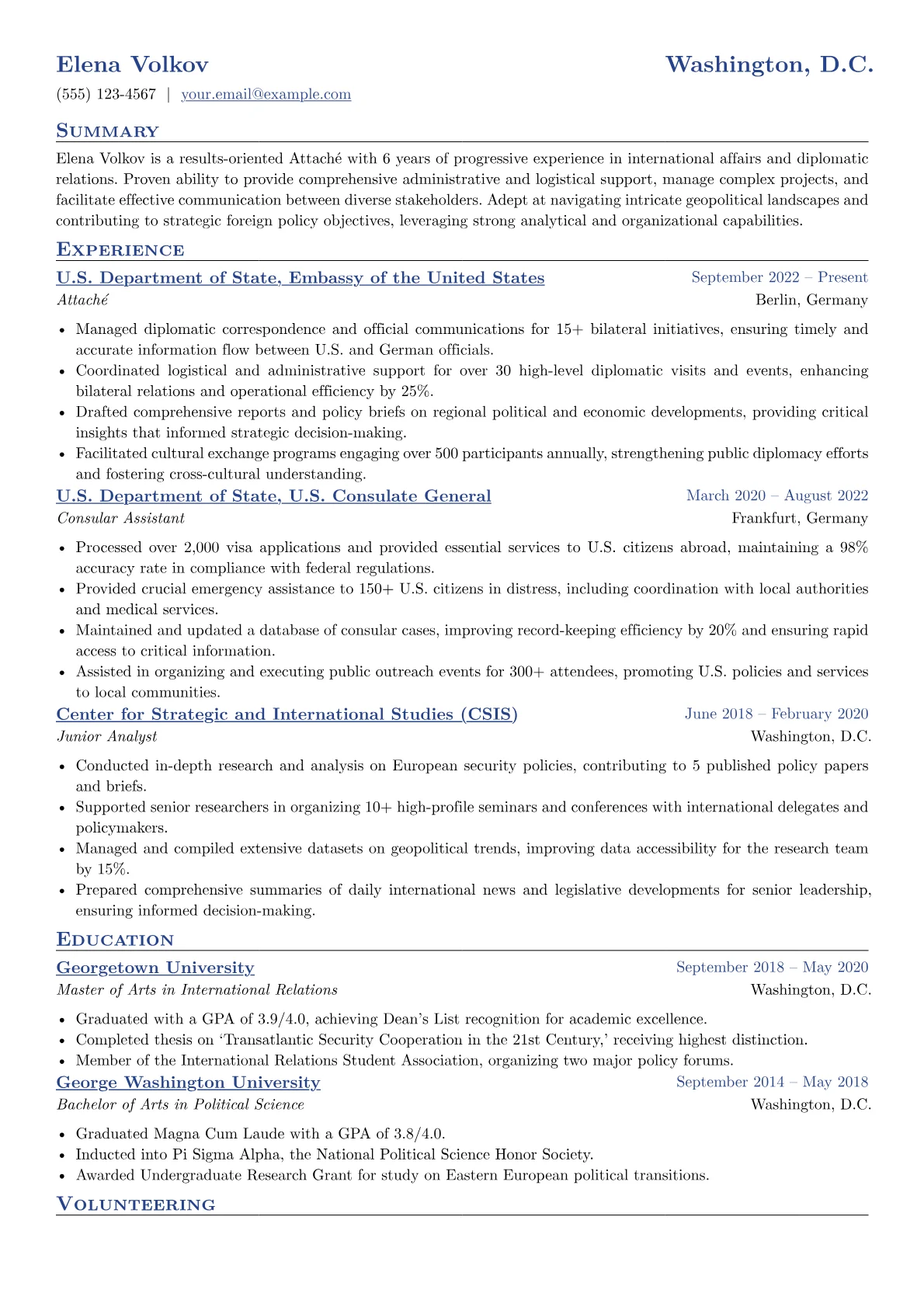 Attaché Resume Example CV template - Page 1