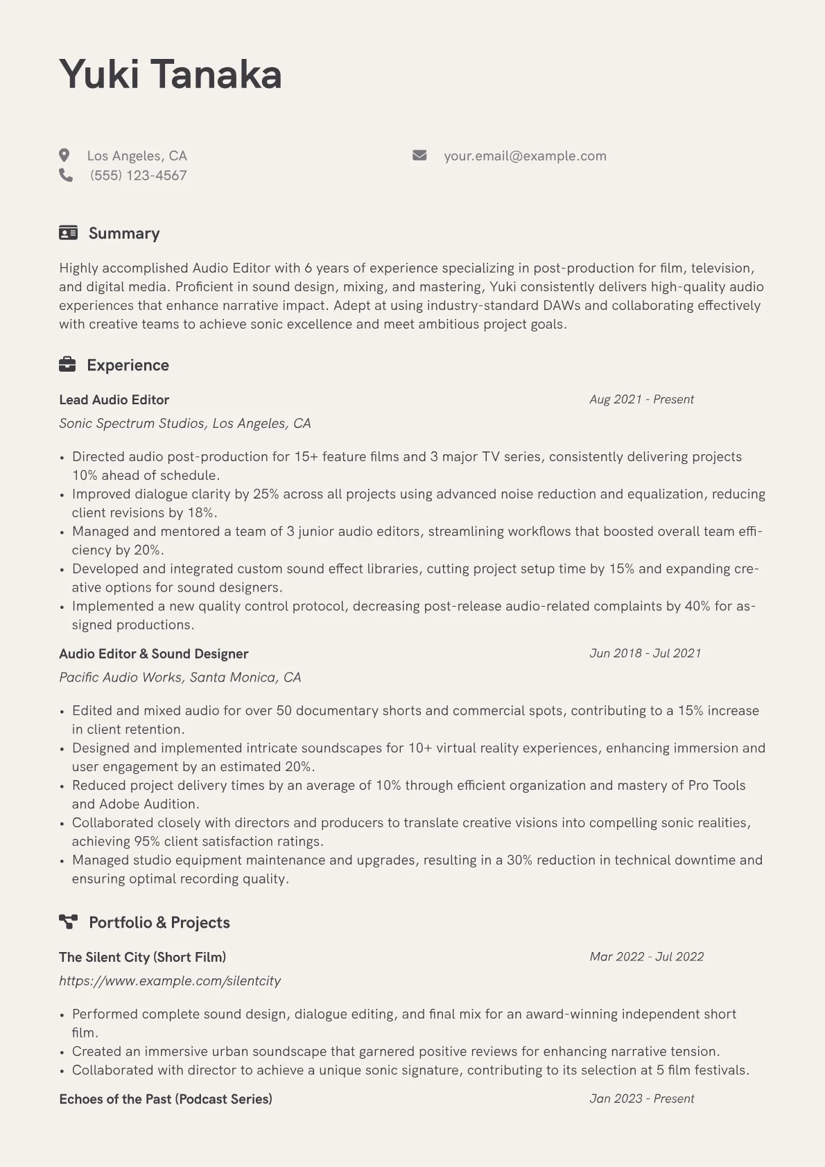 Audio Editor Resume Example CV template - Page 1