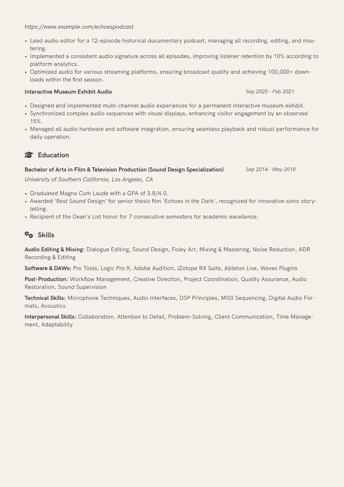 Audio Editor Resume Example CV template - Page 2