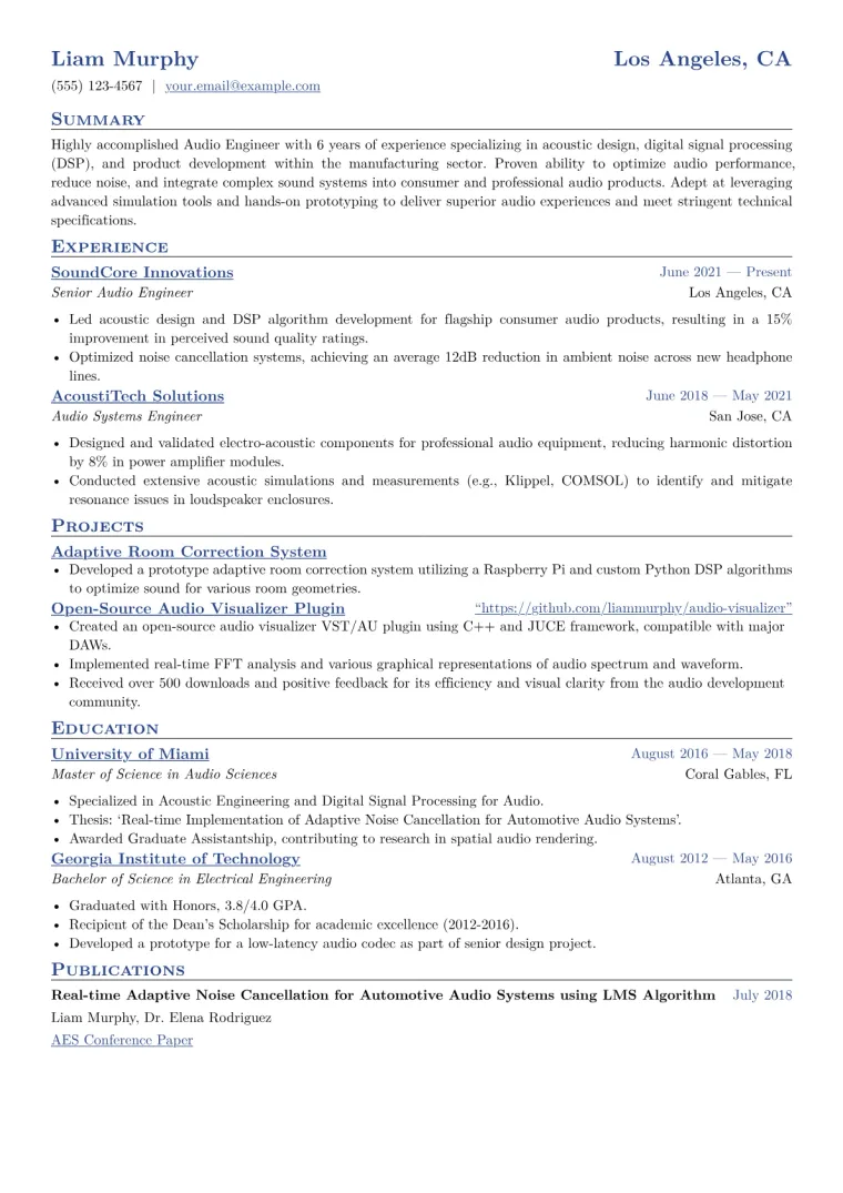 Audio Engineer Resume Example
