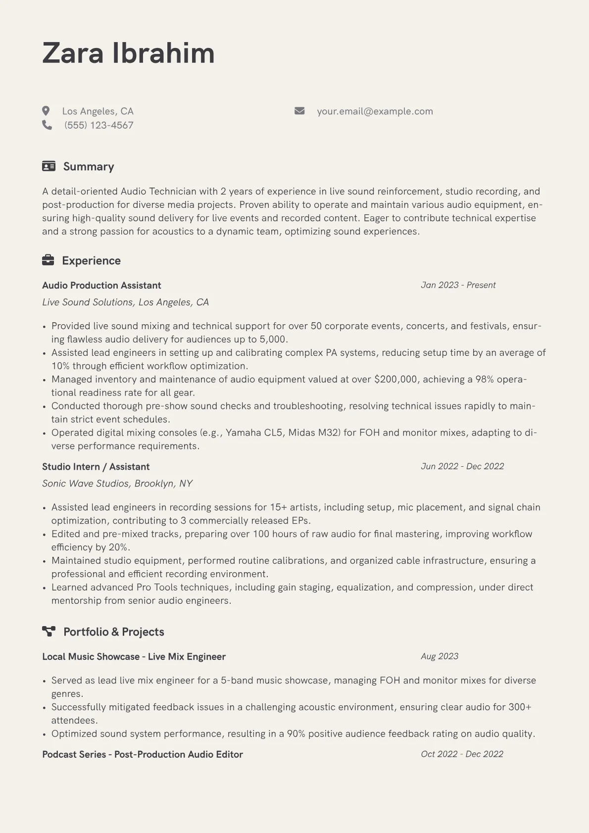 Audio Technician Resume Example CV template - Page 1