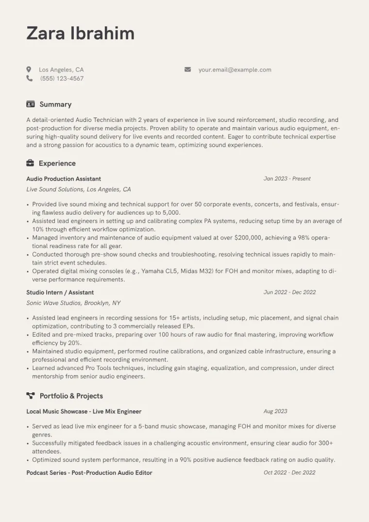 Audio Technician Resume Example CV template preview