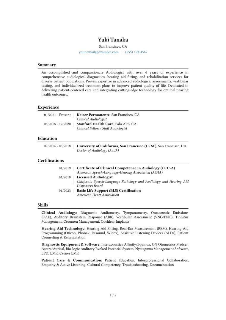 Audiologist Resume Example