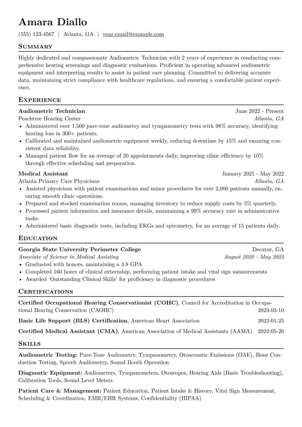 Audiometric Technician Resume Example CV template - Page 1