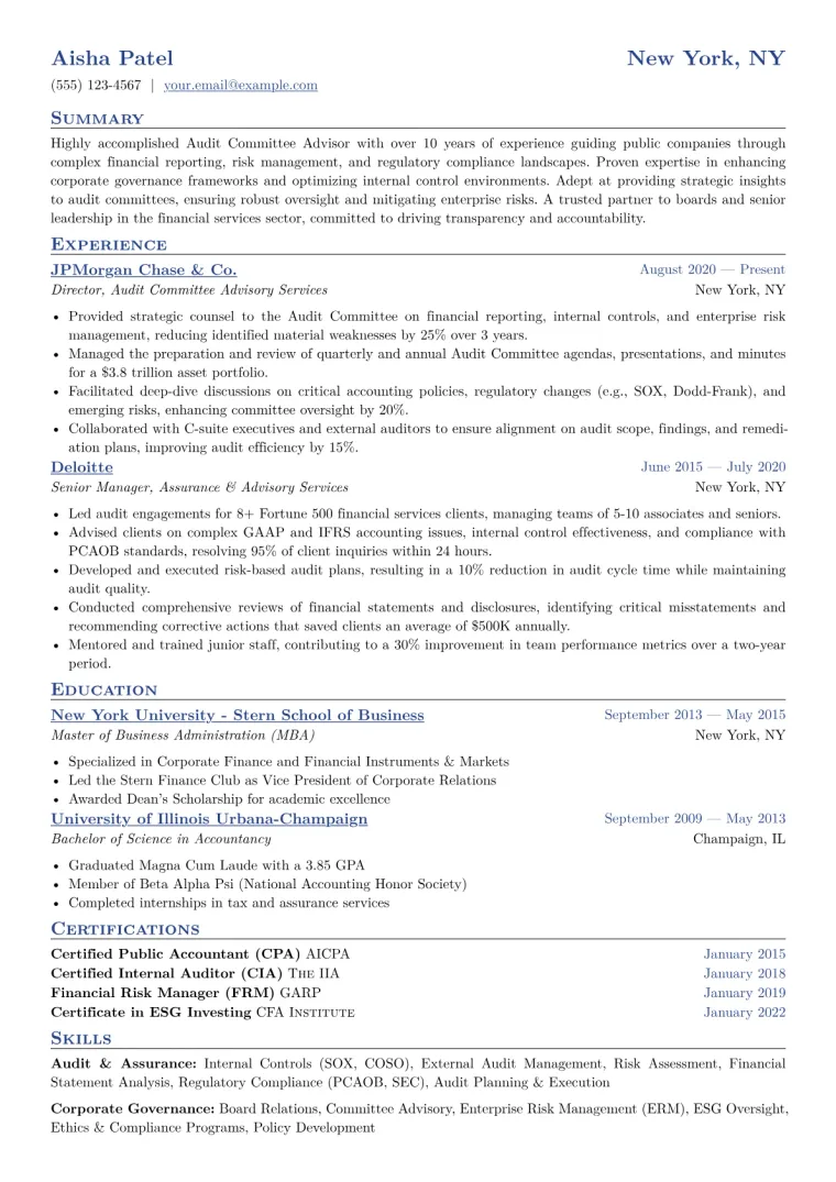 Audit Committee Advisor Resume Example CV template preview