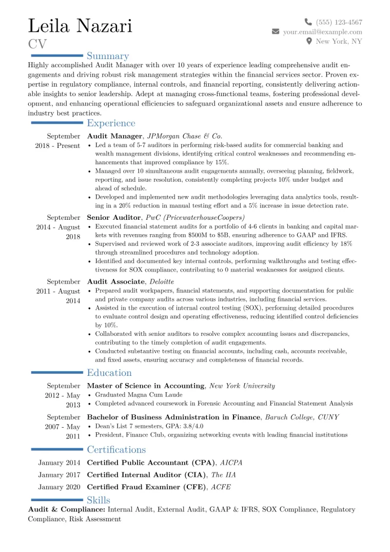 Audit Manager Resume Example CV template preview