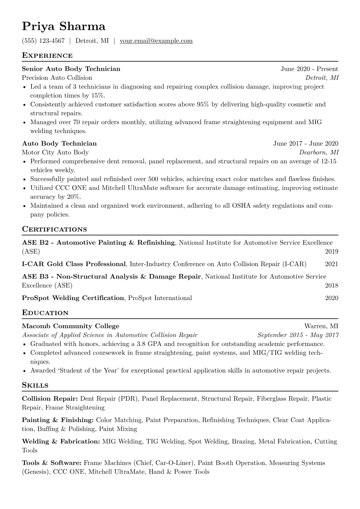 Auto Body Technician Resume Example CV template - Page 1