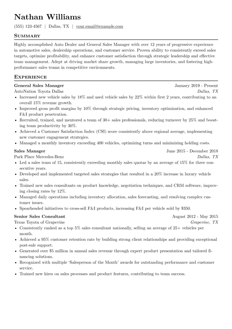 Auto Dealer Resume Example CV template preview