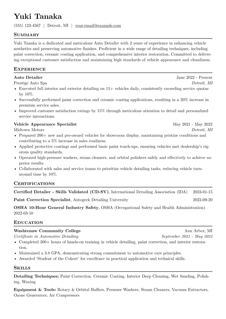 Auto Detailer Resume Example CV template preview