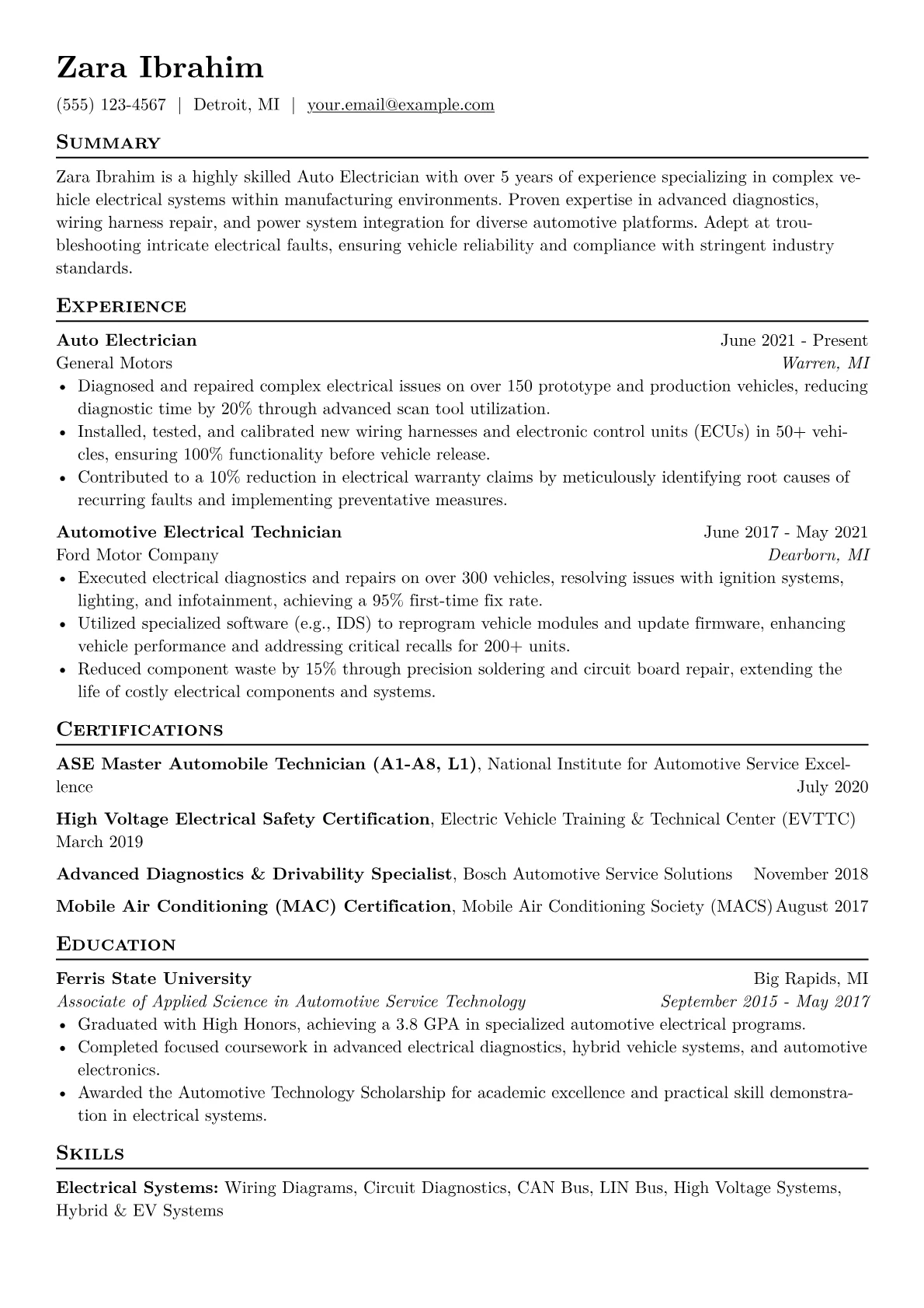 Auto Electrician Resume Example CV template - Page 1