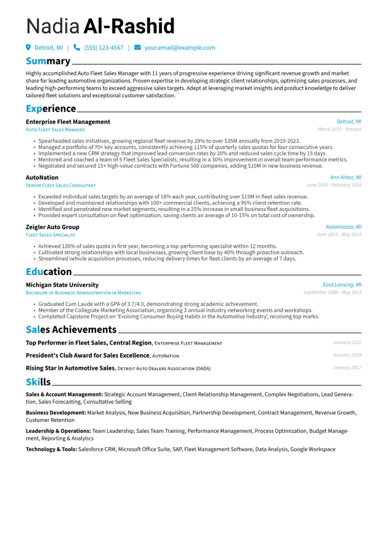 Auto Fleet Sales Manager Resume Example CV template preview