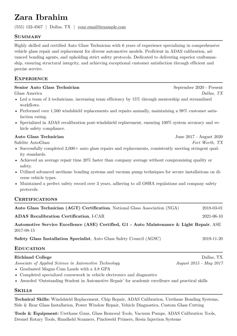 Auto Glass Technician Resume Example CV template preview