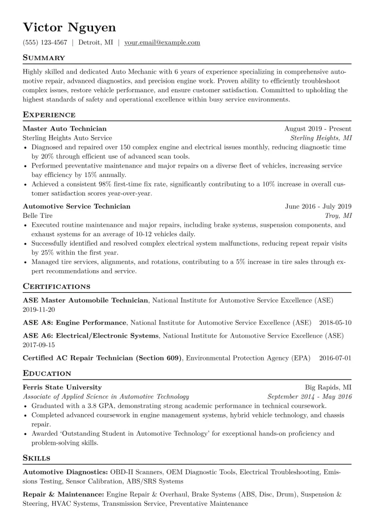 Auto Mechanic Resume Example CV template preview