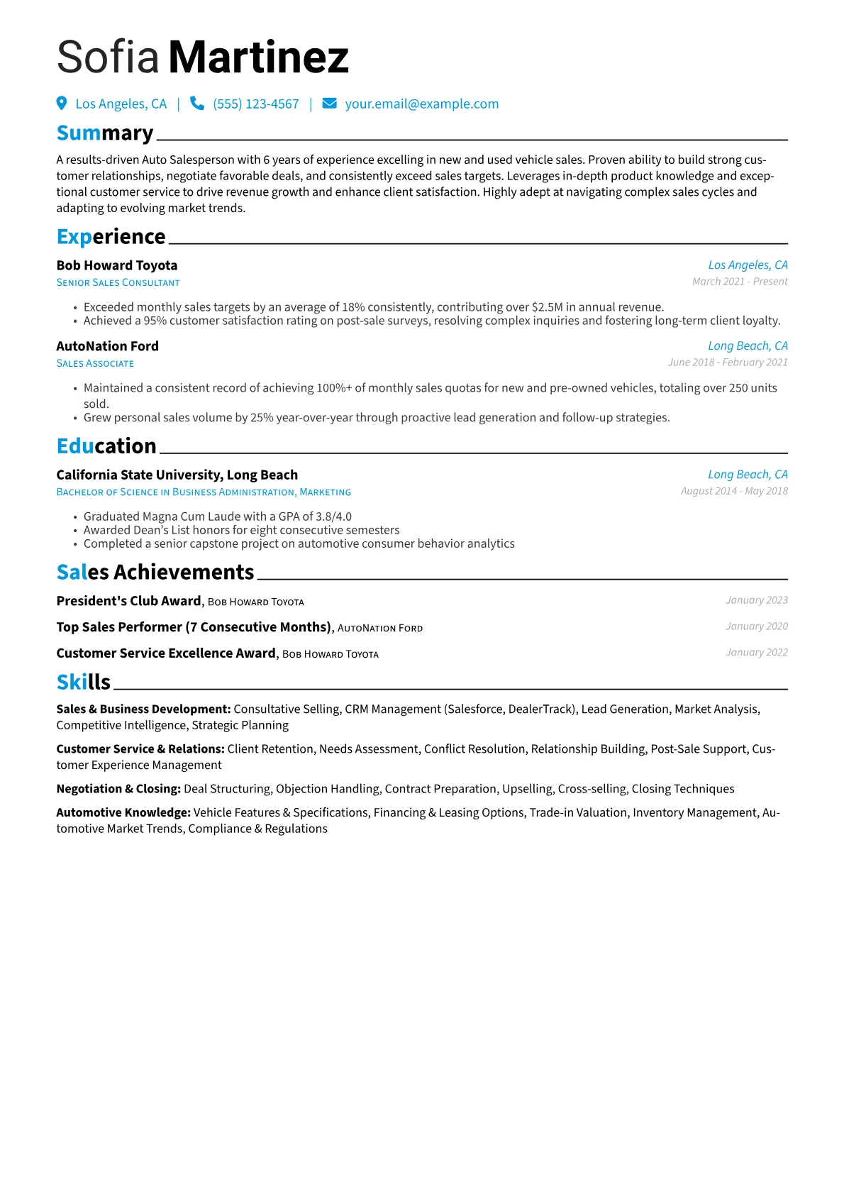 Auto Salesperson Resume Example CV template - Page 1