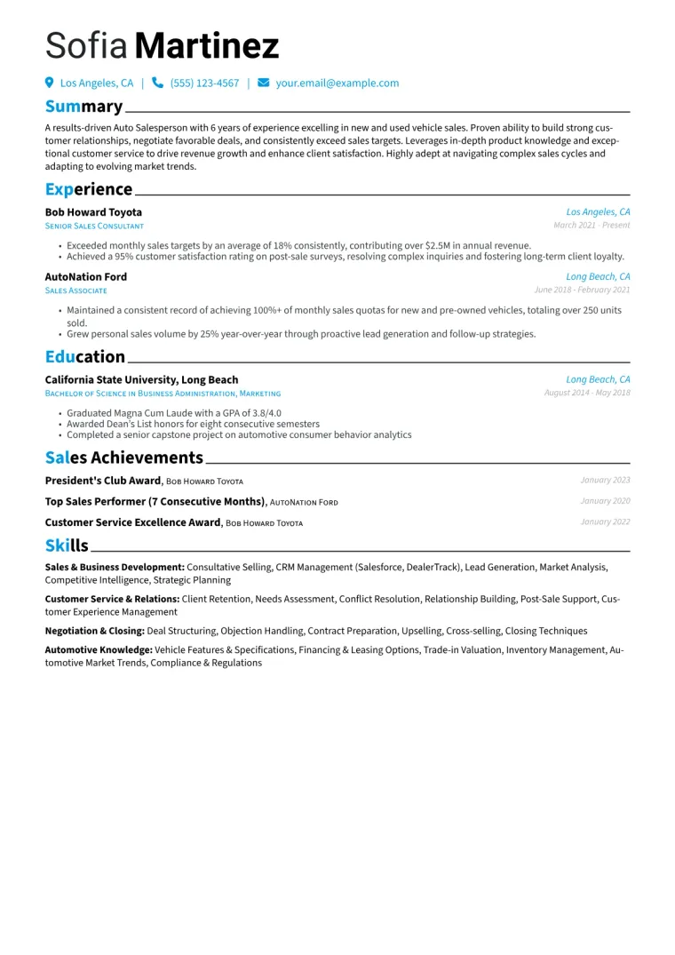 Auto Salesperson Resume Example CV template preview