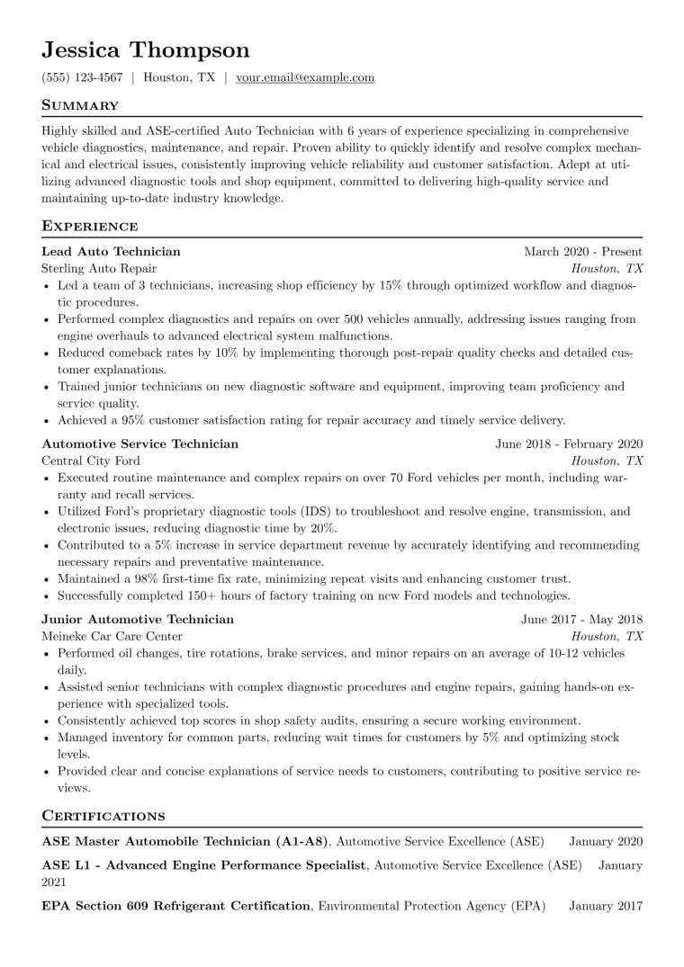 Auto Technician Resume Example CV template preview
