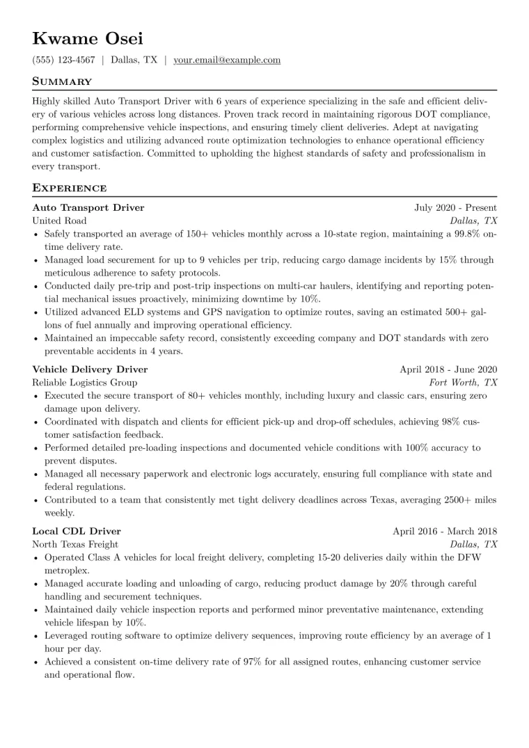 Auto Transport Driver Resume Example CV template preview