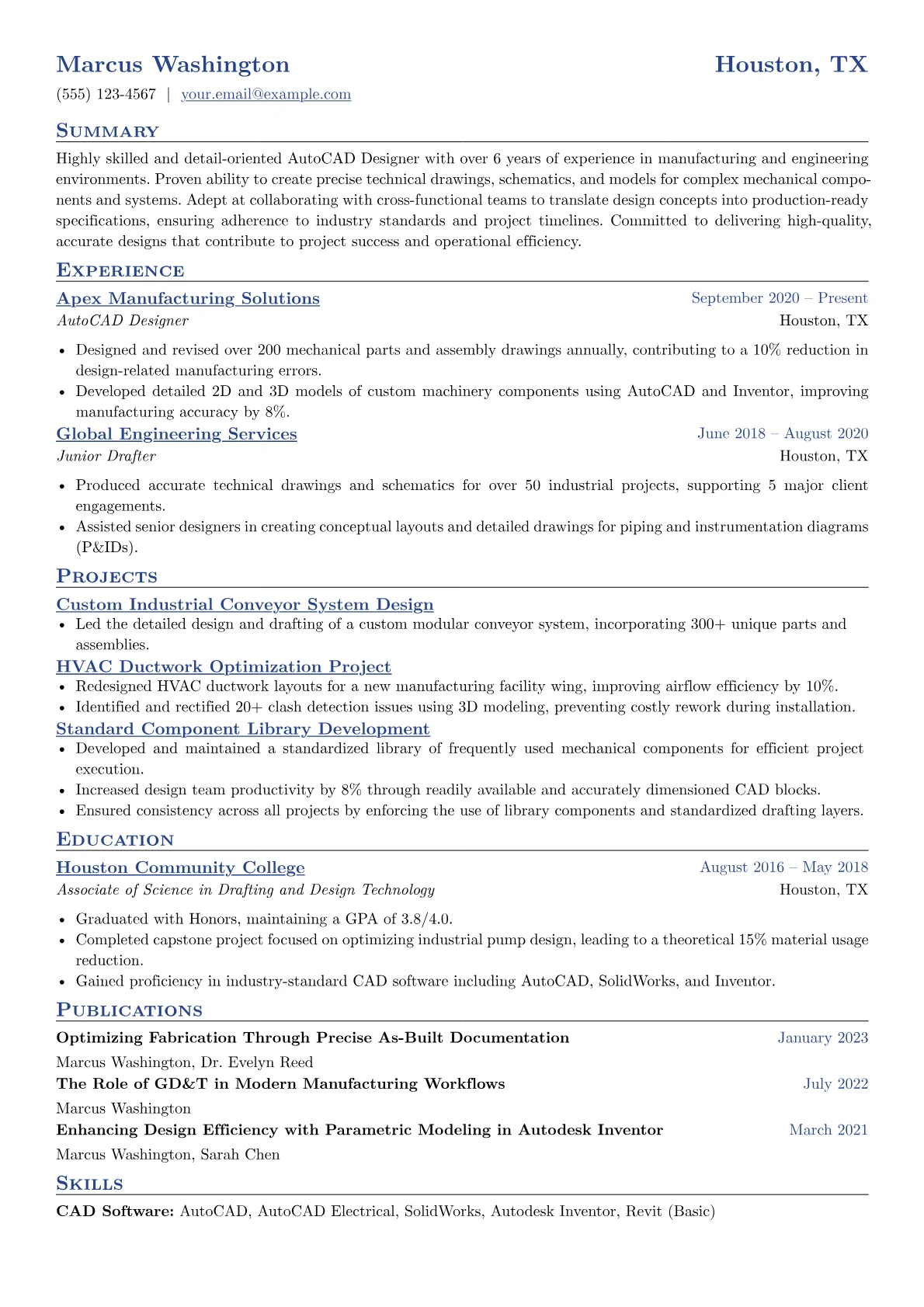 AutoCAD Designer Resume Example CV template - Page 1
