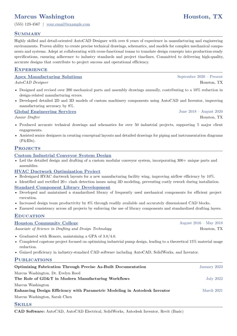 AutoCAD Designer Resume Example CV template preview