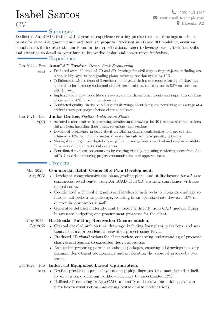 AutoCAD Drafter Resume Example CV template preview