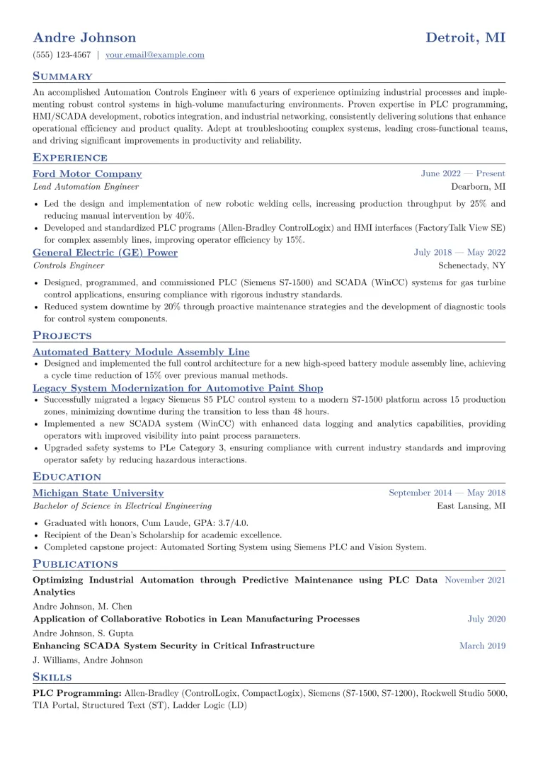 Automation Controls Engineer Resume Example CV template preview