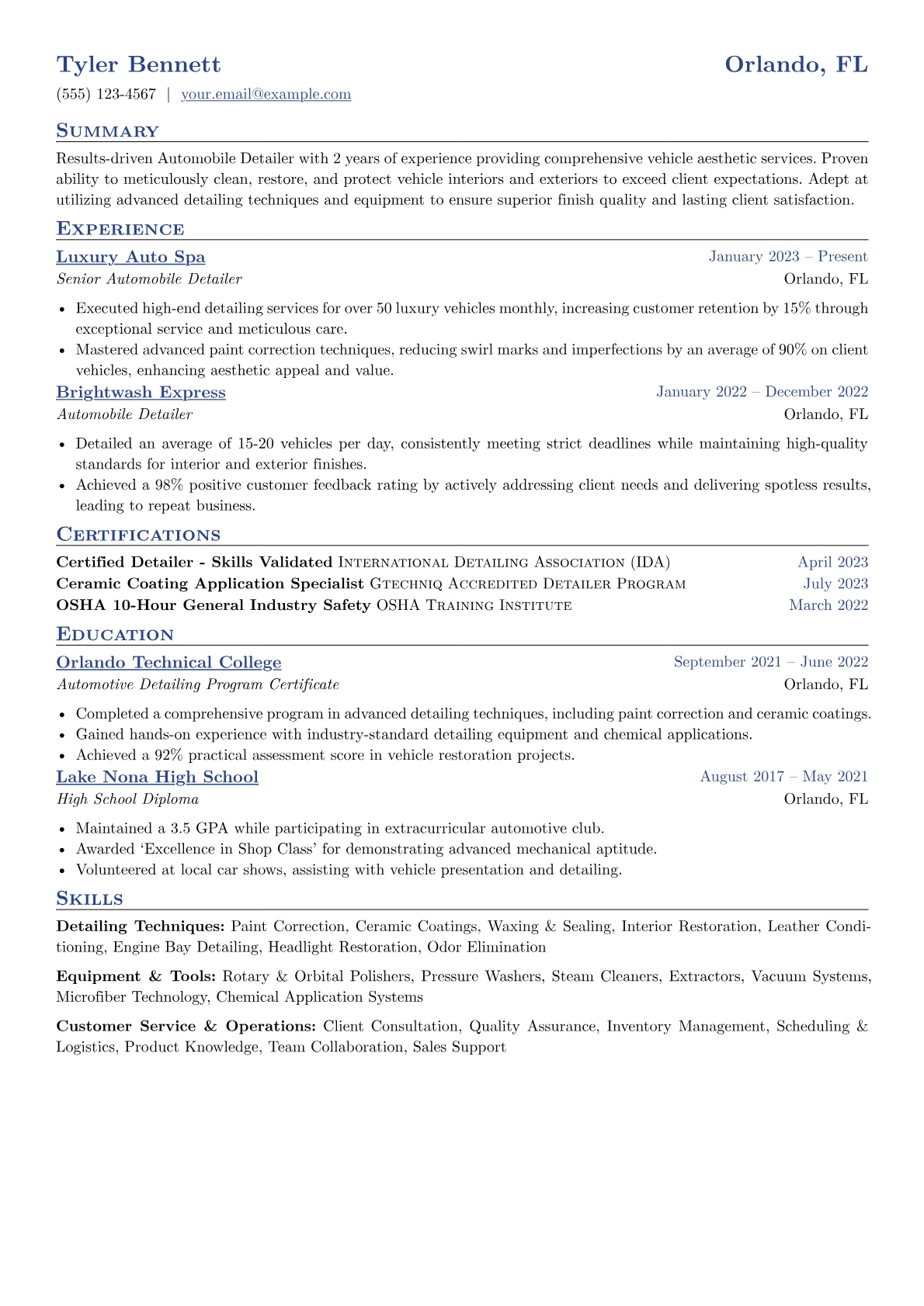 Automobile Detailer Resume Example CV template - Page 1