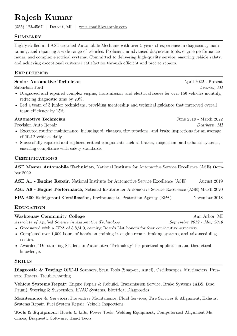 Automobile Mechanic Resume Example CV template preview