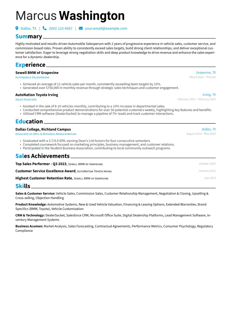 Automobile Salesperson Resume Example CV template preview