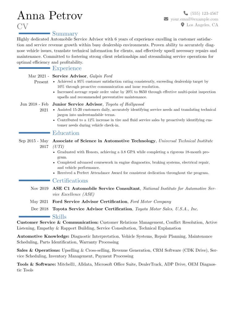 Automobile Service Advisor Resume Example CV template preview