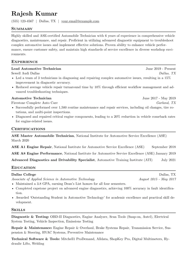 Automobile Technician Resume Example CV template preview
