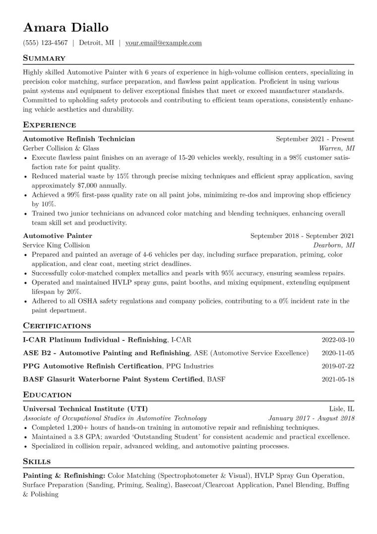 Automotive Painter Resume Example CV template preview