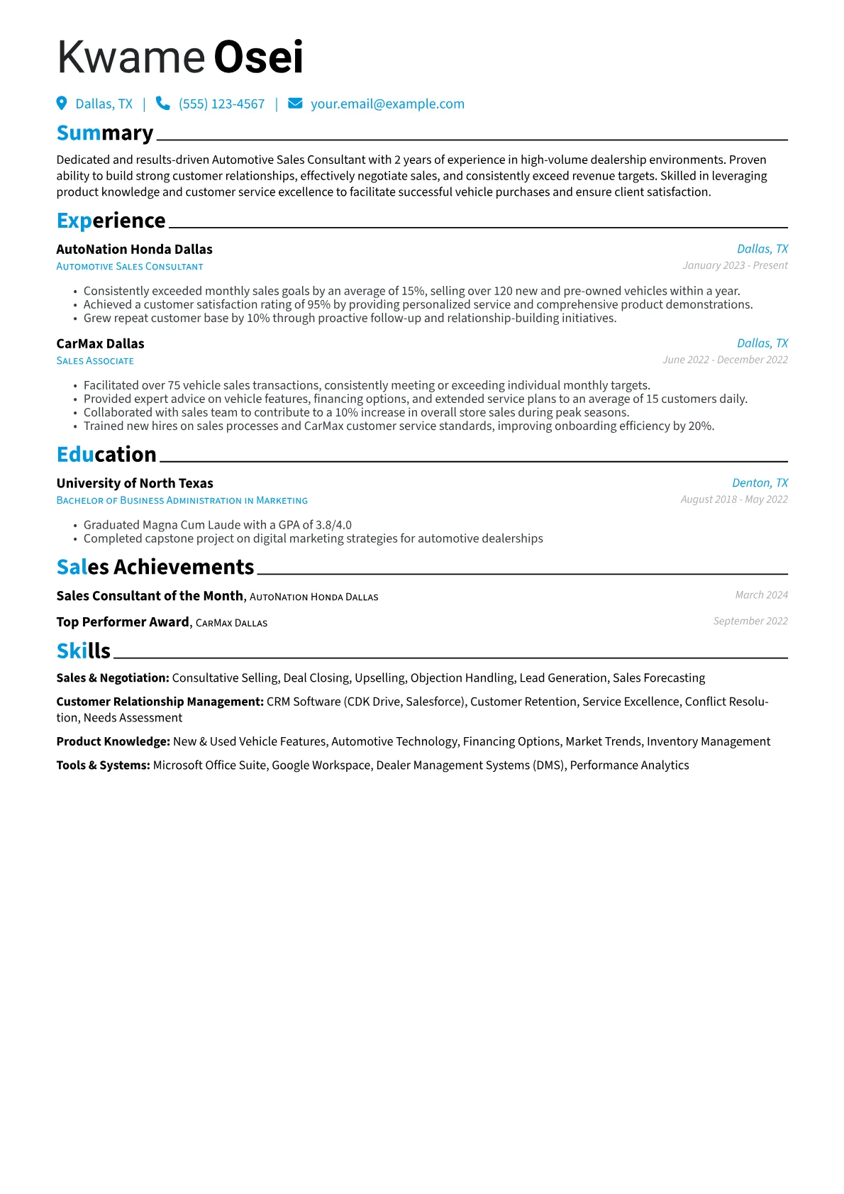 Automotive Sales Consultant Resume Example CV template - Page 1
