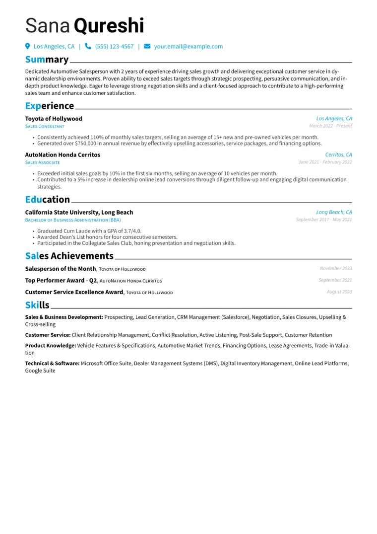 Automotive Salesperson Resume Example CV template preview
