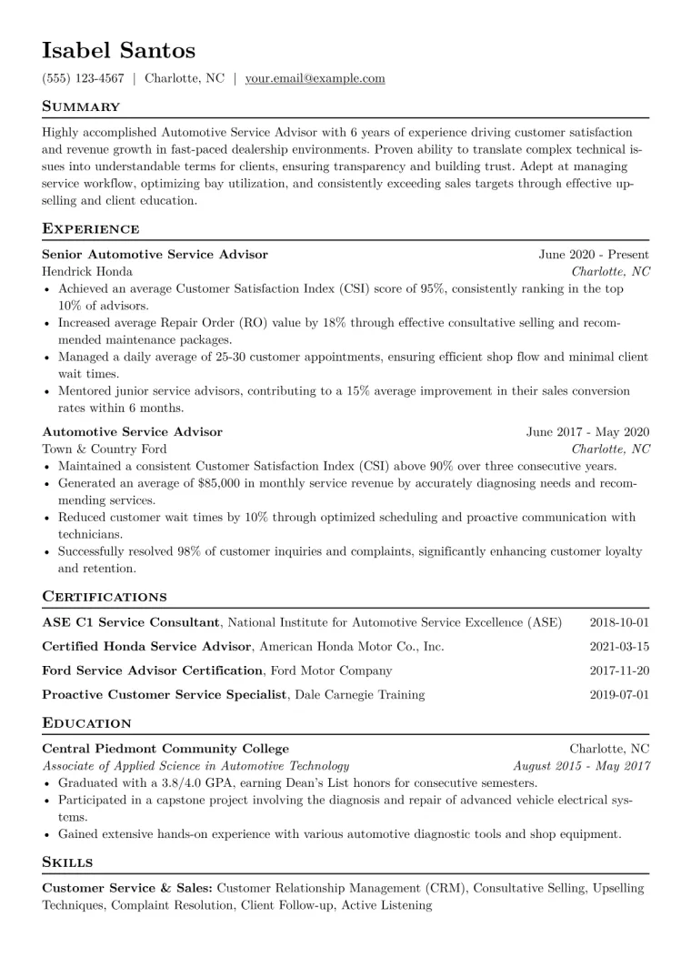 Automotive Service Advisor Resume Example CV template preview