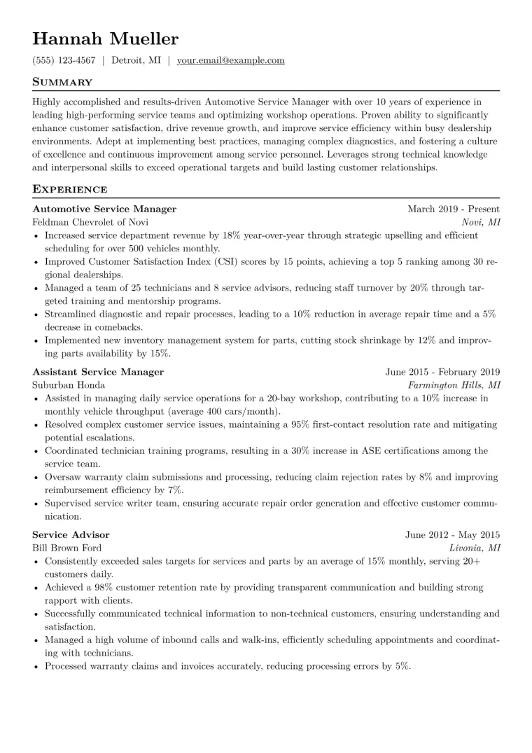 Automotive Service Manager Resume Example CV template preview