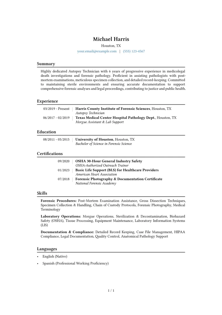 Autopsy Technician Resume Example CV template preview