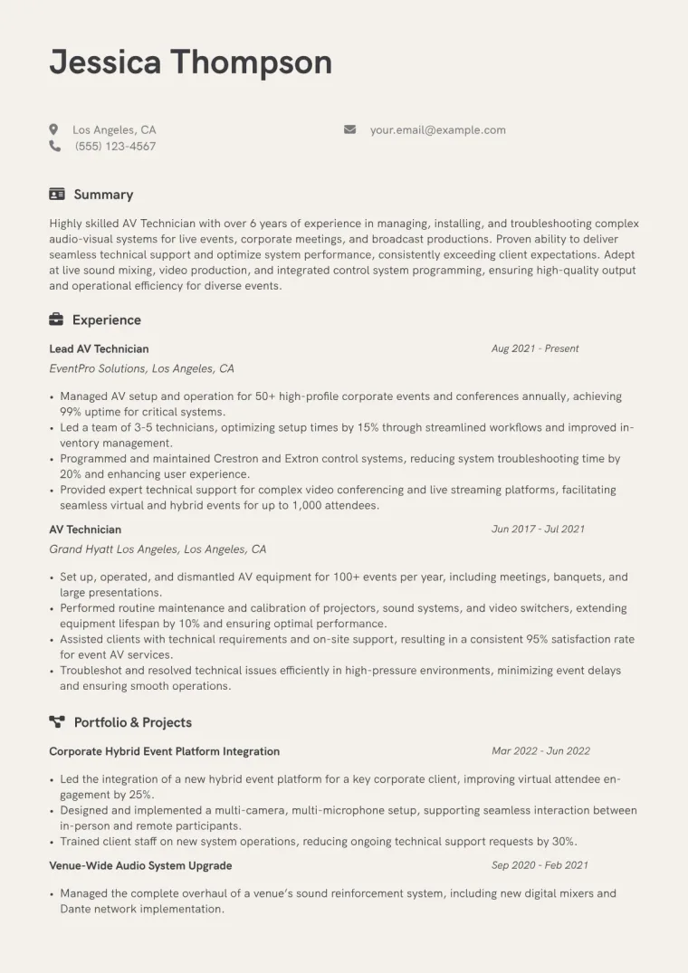 AV Technician Resume Example CV template preview