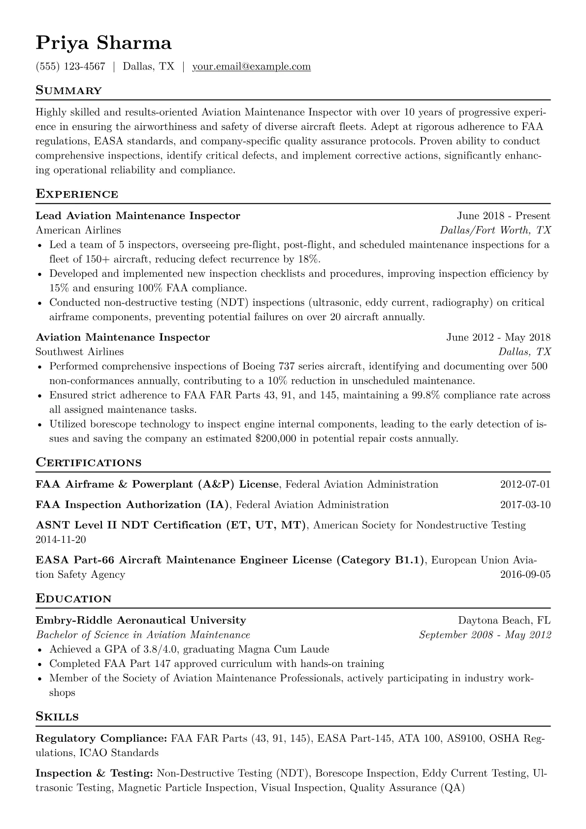 Aviation Maintenance Inspector Resume Example CV template - Page 1