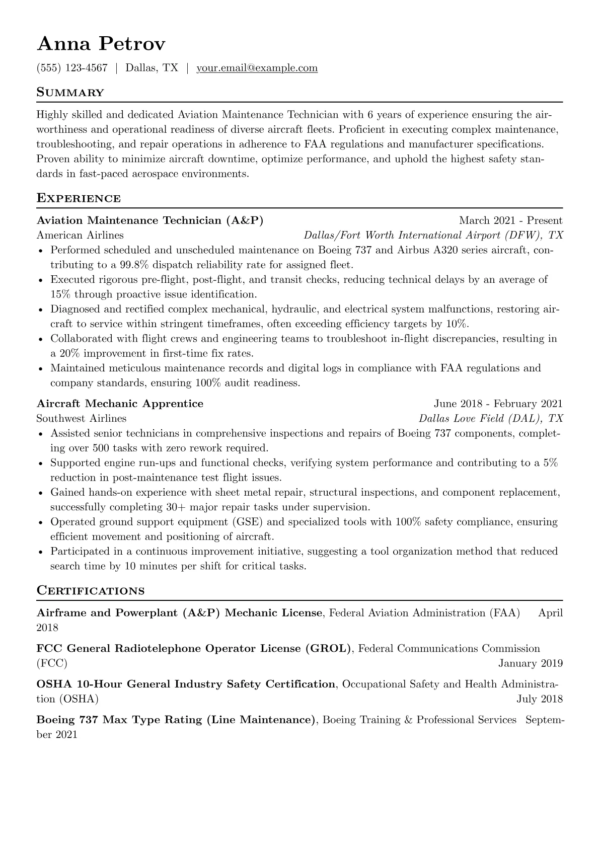 Aviation Maintenance Technician Resume Example CV template - Page 1
