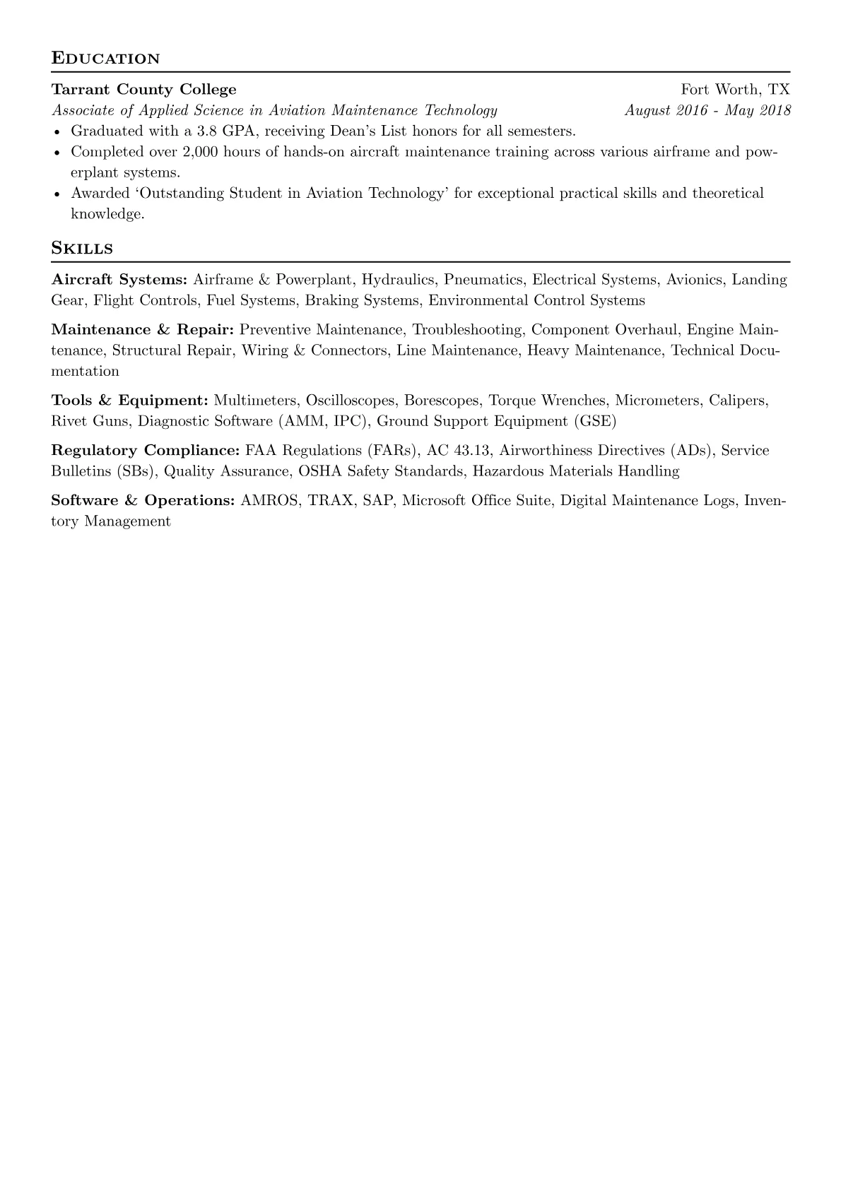 Aviation Maintenance Technician Resume Example CV template - Page 2