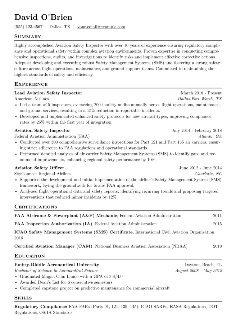 Aviation Safety Inspector Resume Example CV template preview