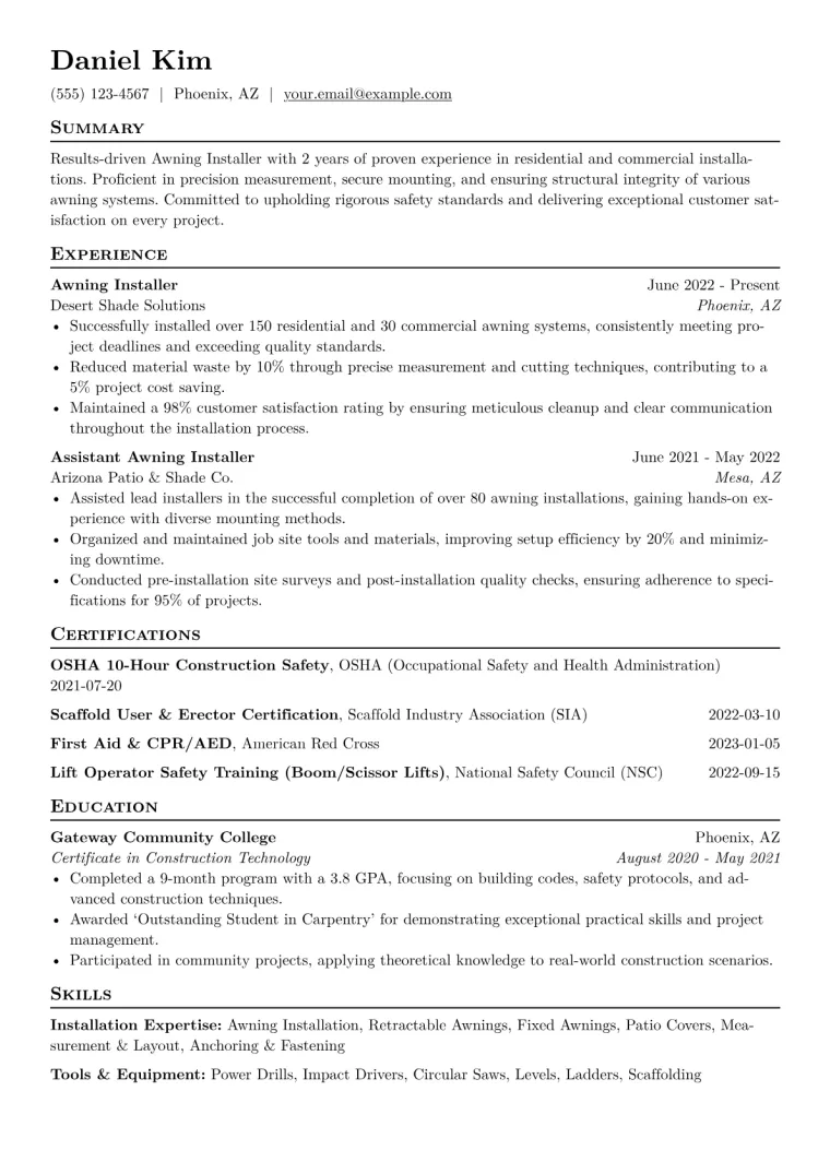 Awning Installer Resume Example CV template preview