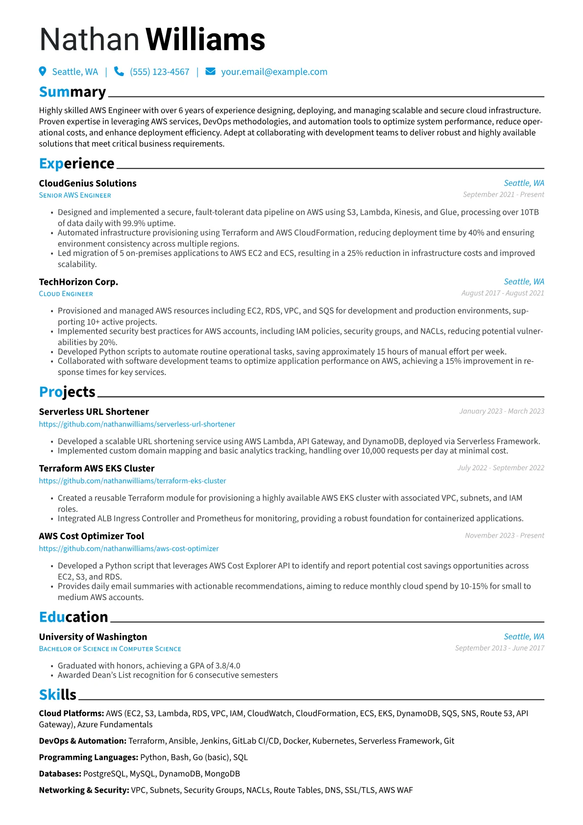 AWS Engineer Resume Example CV template - Page 1