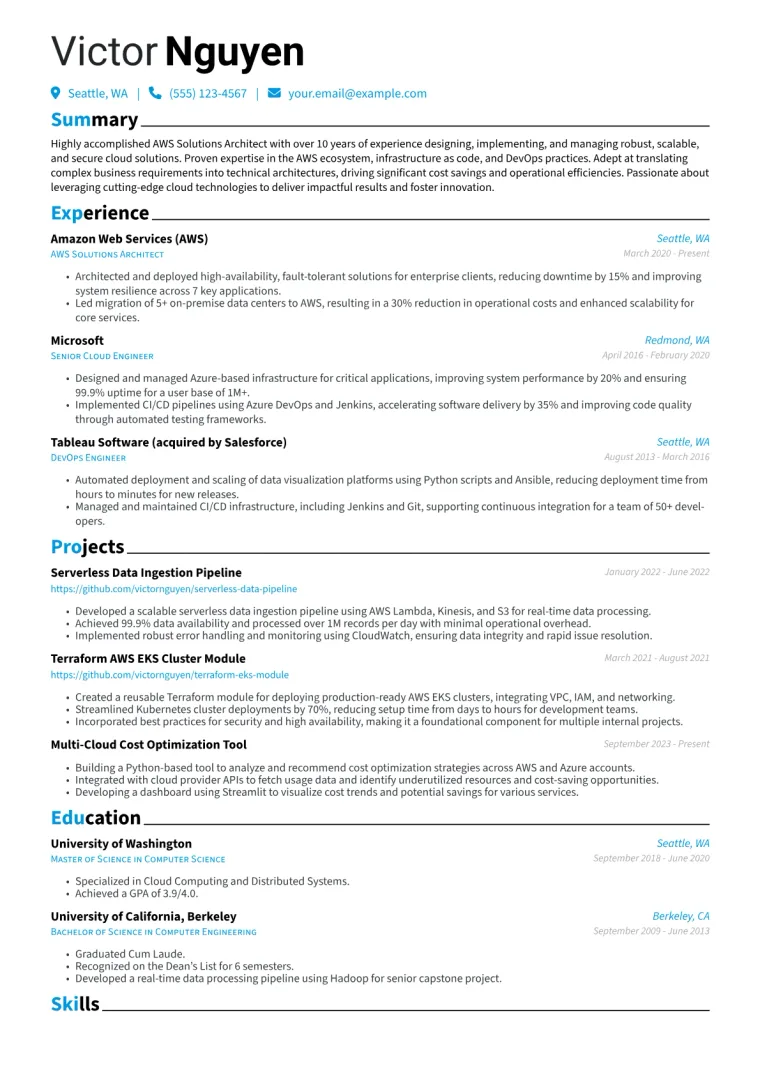 AWS Solutions Architect Resume Example CV template preview