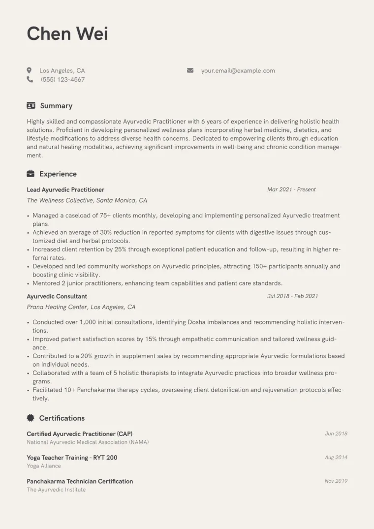 Ayurvedic Practitioner Resume Example CV template preview