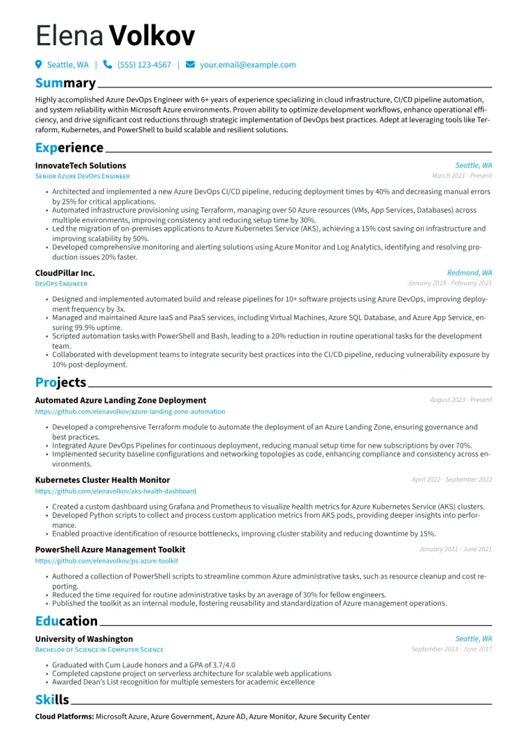 Azure DevOps Engineer Resume Example CV template preview