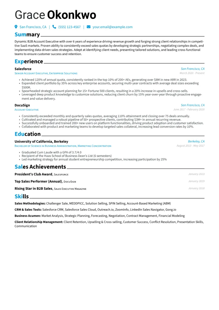 B2B Account Executive Resume Example CV template preview